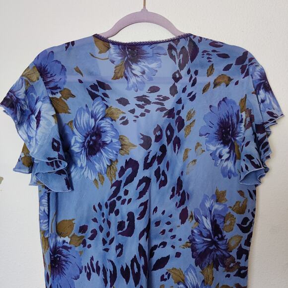 Y2K Sensara Purple Floral Flouncy Flutter Dress Large Forest Fairy Semi Sheer - Picture 6 of 11